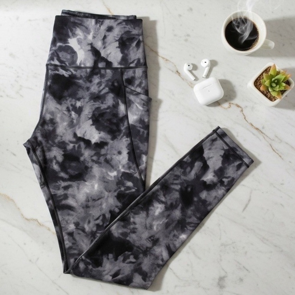 Showitty Womens Tie Dye High Waisted Yoga Leggings Black Grey Size L Pockets